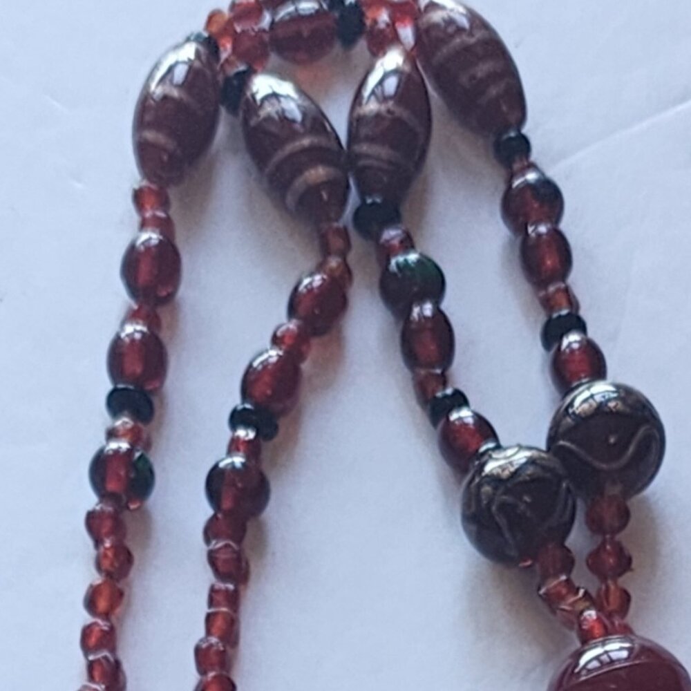 Necklace with beaded glass brown, orange, Murano style with inclusions 23"
